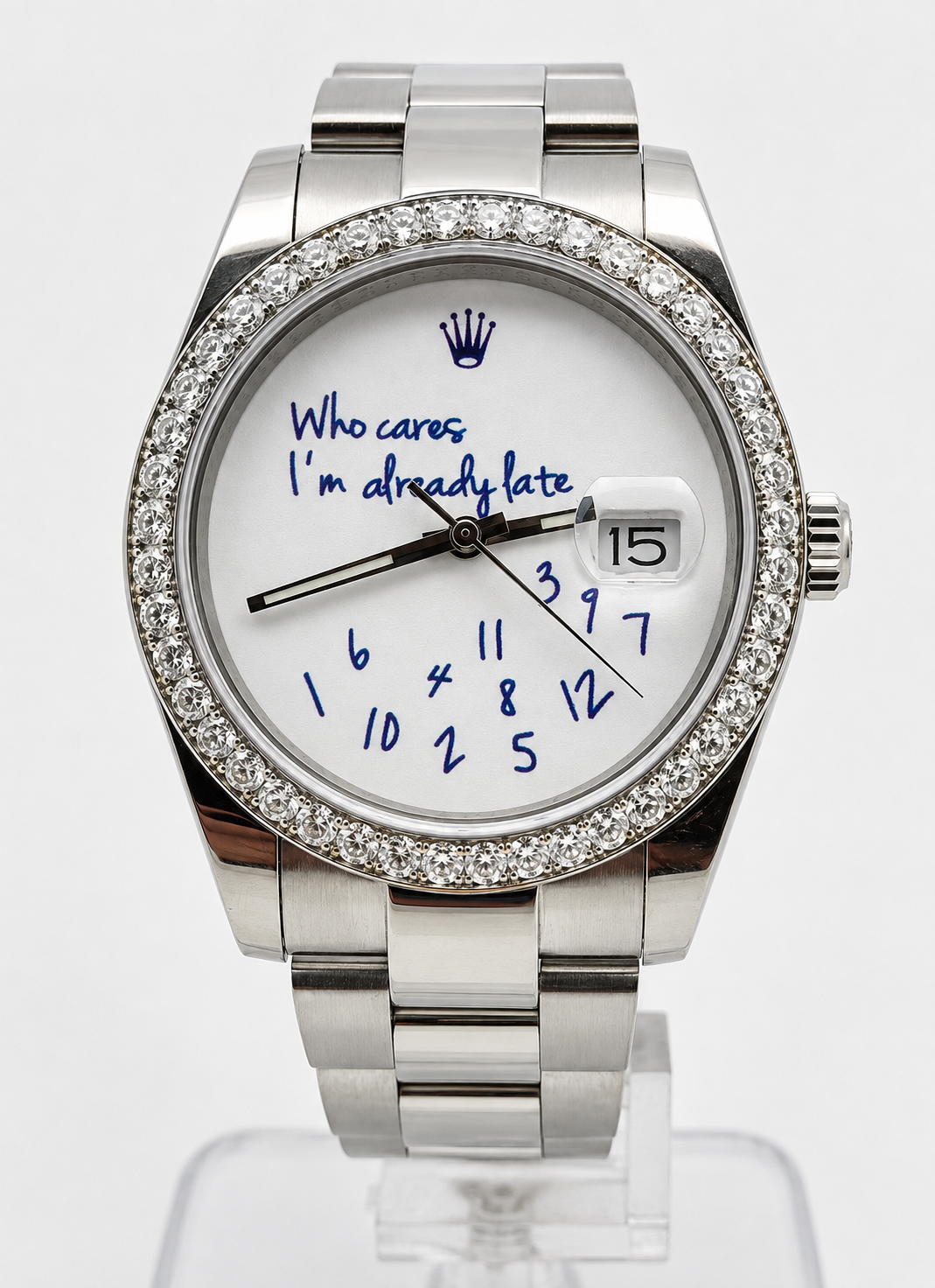 "Who Cares I'm Already Late" / White Dial / Diamond Bezel / Steel