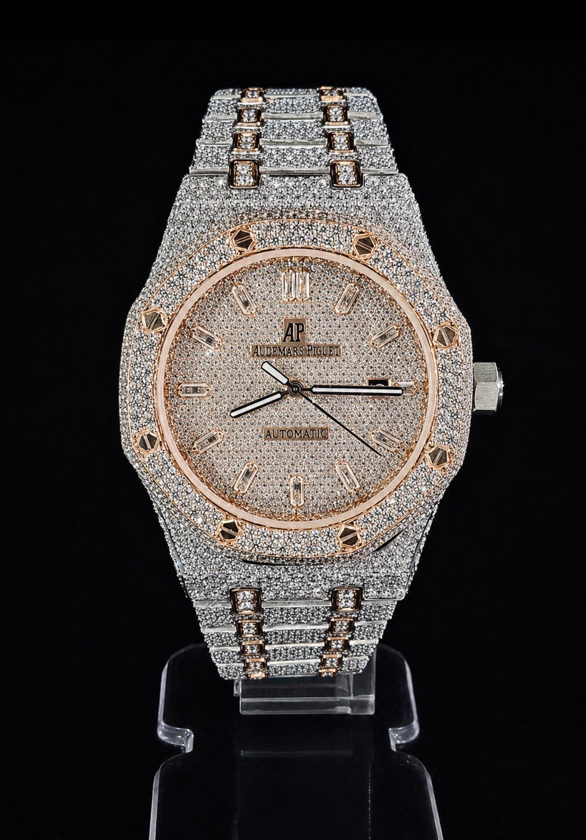 Full Iced Out / Two-Tone Rose Gold & Steel / Baguette Pavé Dial