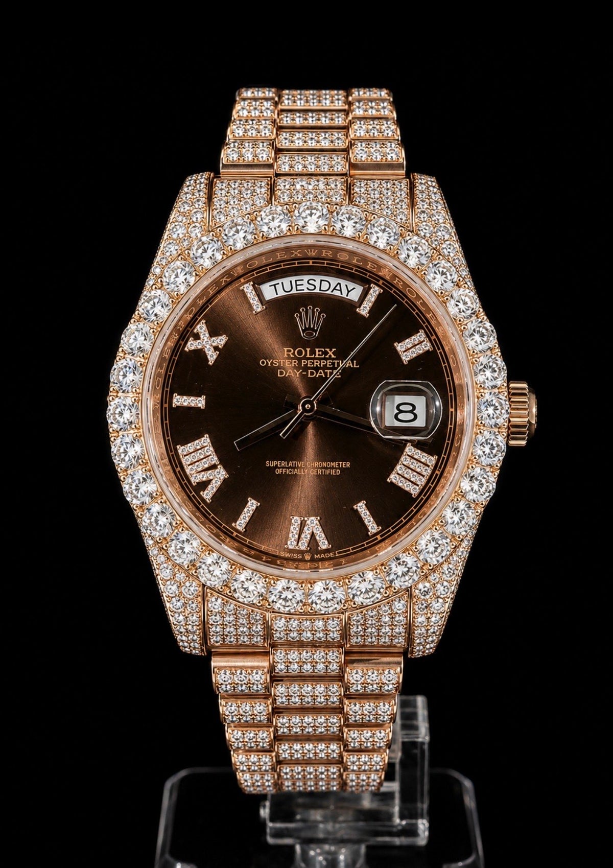 Iced Out / Rose Gold / Chocolate Dial / President Bracelet