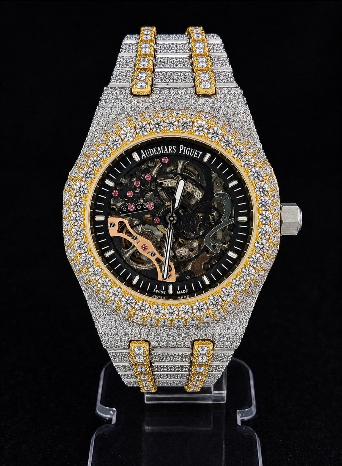 Full Iced Out / Two-Tone Yellow Gold & Steel / Skeleton Dial