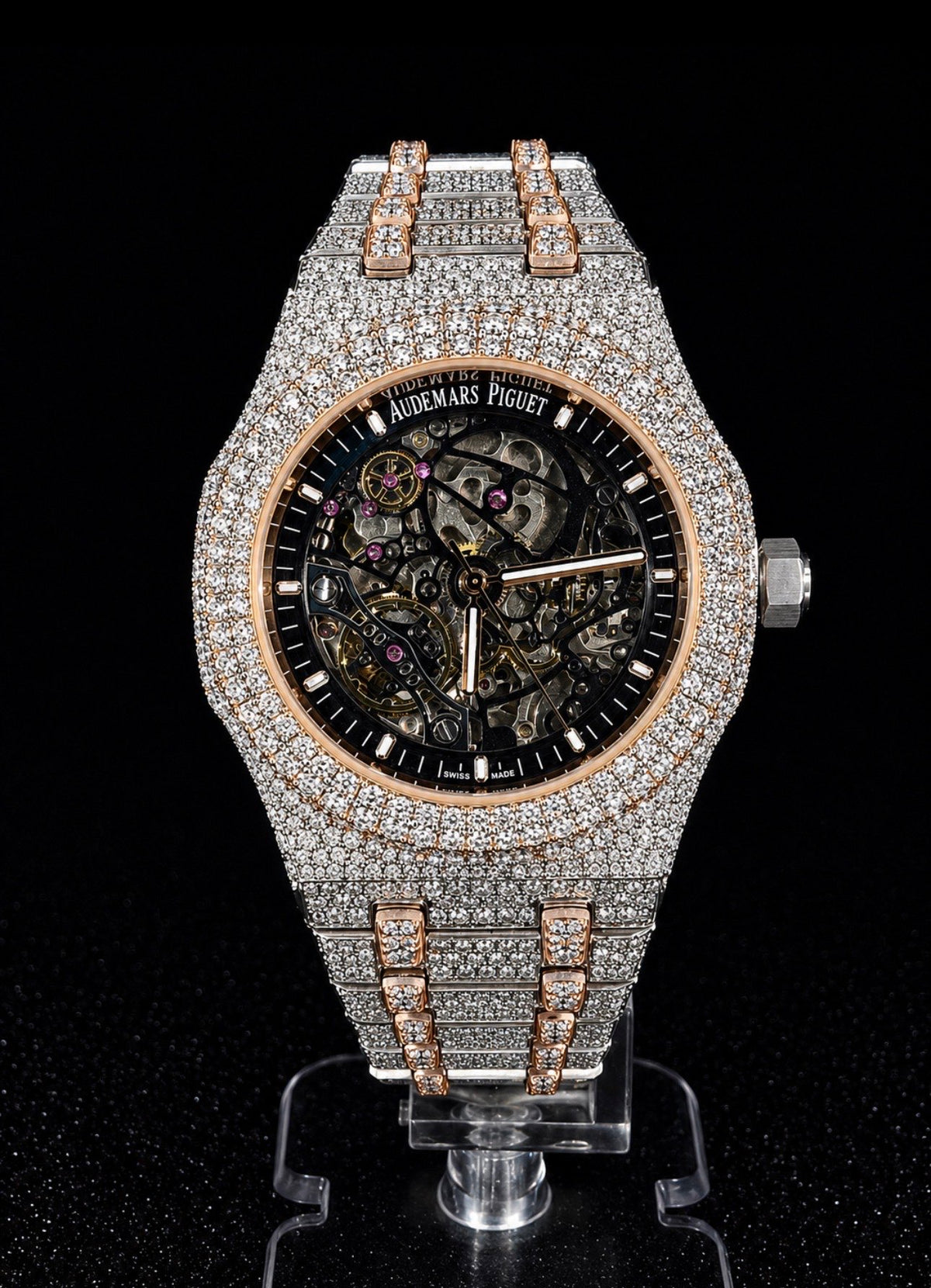 Full Iced Out / Two-Tone Rose Gold & Steel / Skeleton Dial