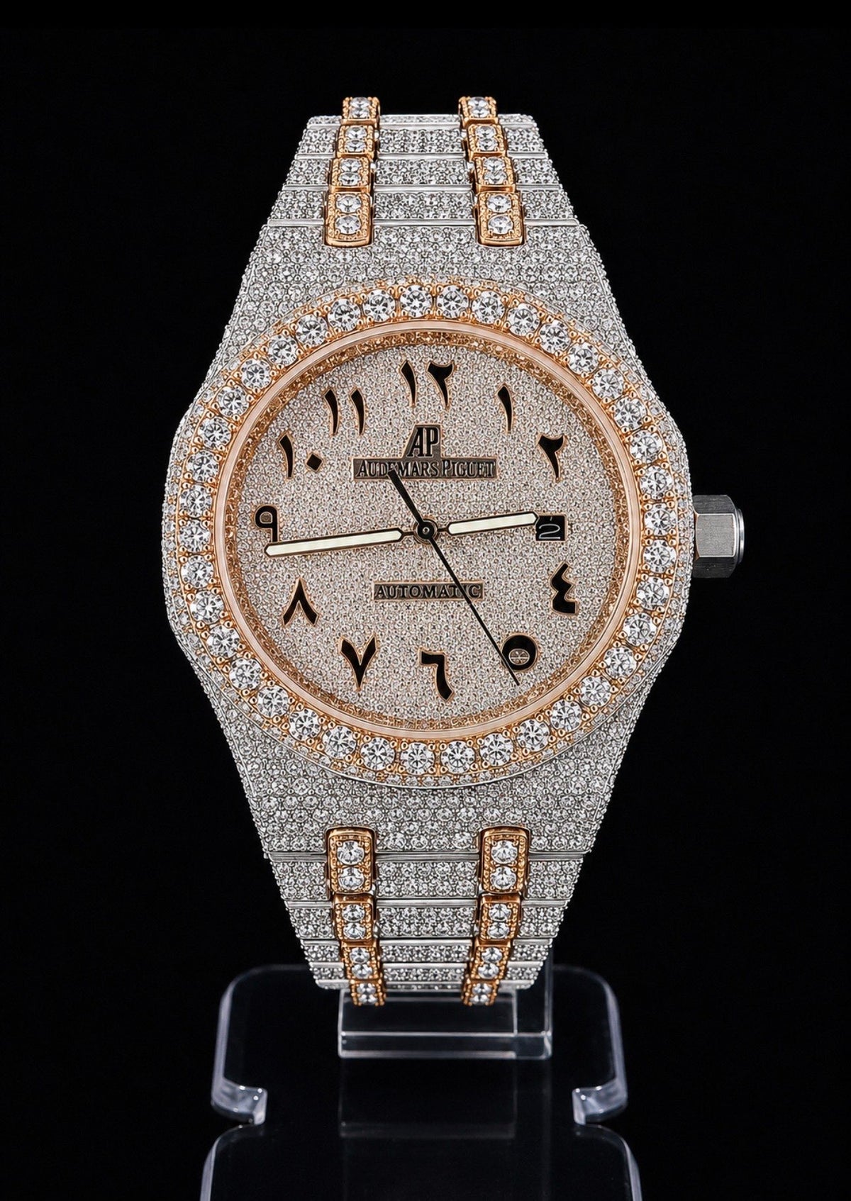 Full Iced Out / Two-Tone Rose Gold & Steel / Arabic Pavé Dial